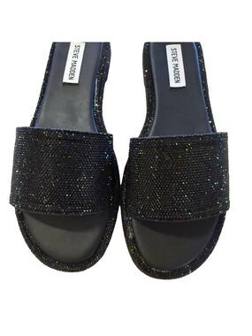 Steve Madden Achieve Black Rhinestone Glittering Silver Slide Sandals Size 8.5